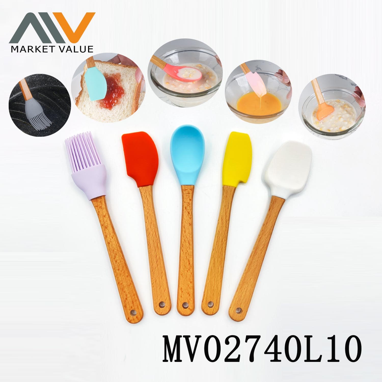 MV02740L10 5Pcs Mini Silicone Tools With Wooden Handle