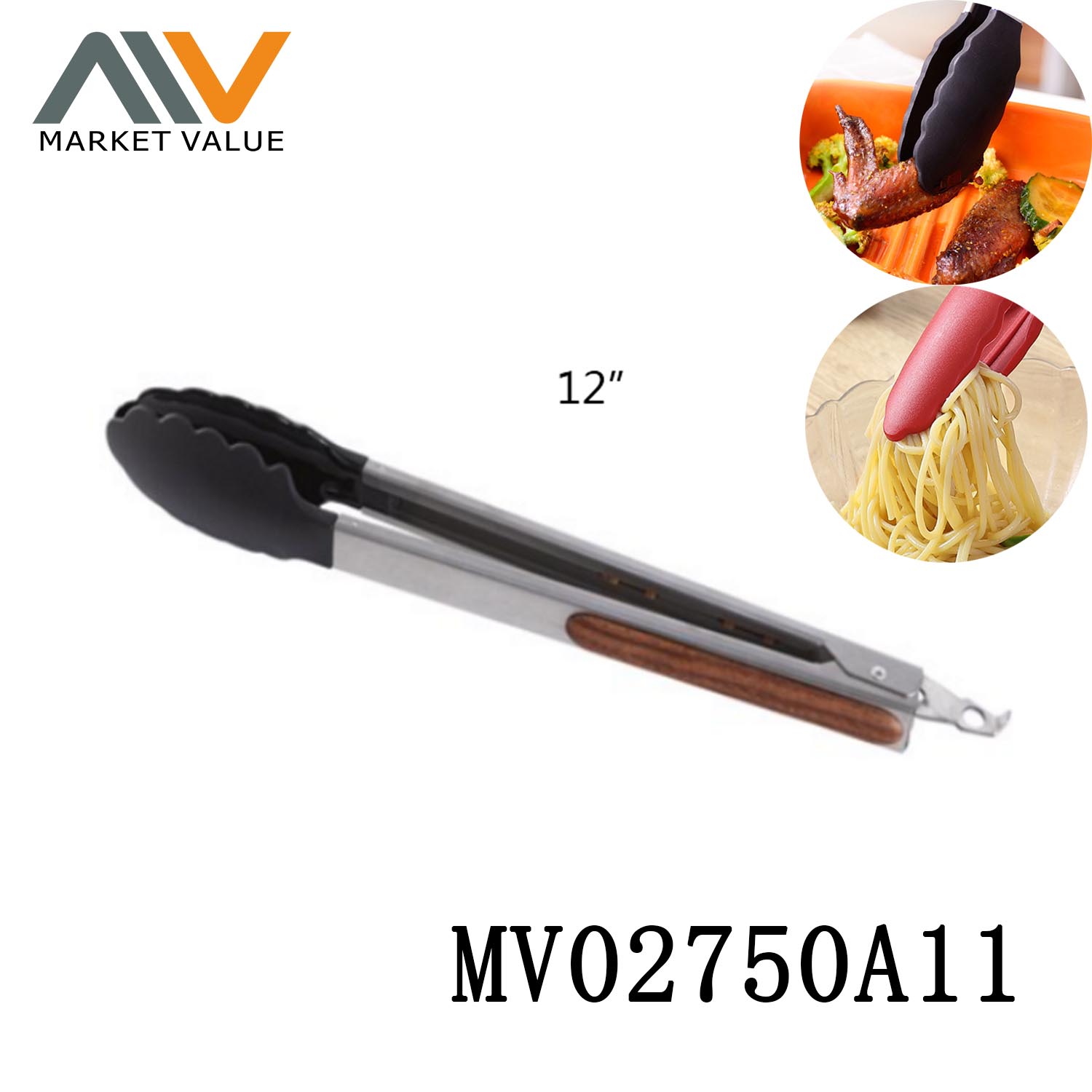 MV02750A11 12 Inch Silica Gel Food Tong With S.S&Wood Handle