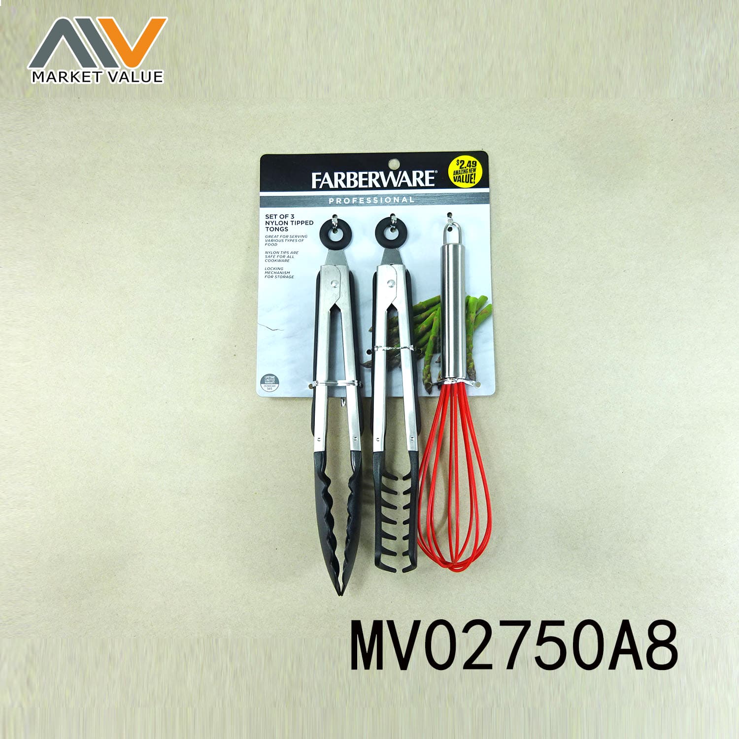 MV02750A8 2Pc Food Tong & Egg Beater Silicone Tie Card