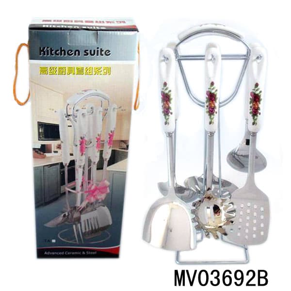 MV03692B 6Pcs Ceramic Handle S/S Kitchen Tools With Stand In Colour Box