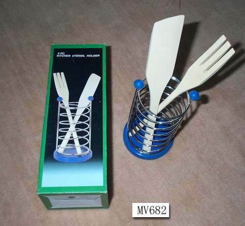 MV682 2Pcs Wooden Spoon & Fork W/Stand In Box