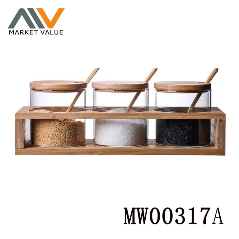 3 Pcs Glass Seasoning Pot Sets With Bamboo Cover In Box