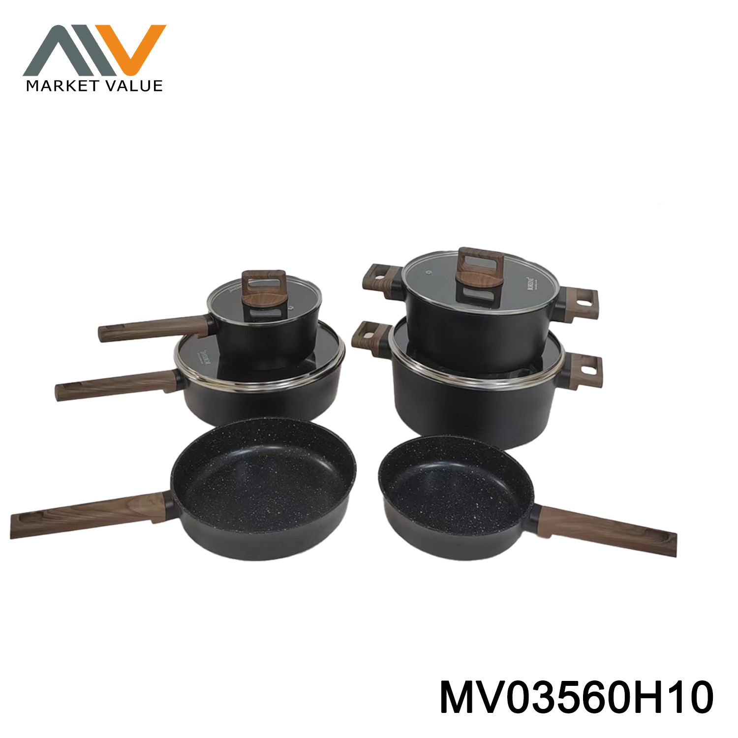 MV03560H10 6PCS Cookware Set with Wood-Effect Handles & Glass Lids