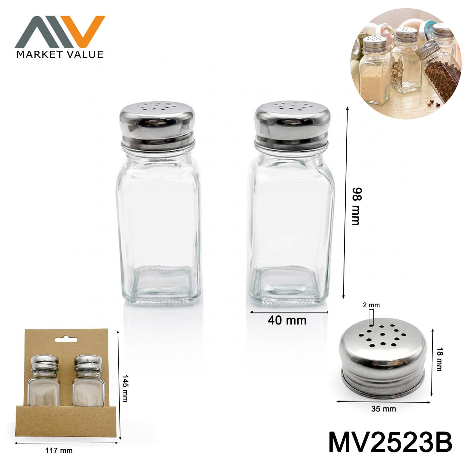 MV2523B 2PCS Glass Spice Shaker Set Salt and Pepper Seasoning Bottle with Stainless Steel Lid Kitchen Condiment Dispenser - Image 1