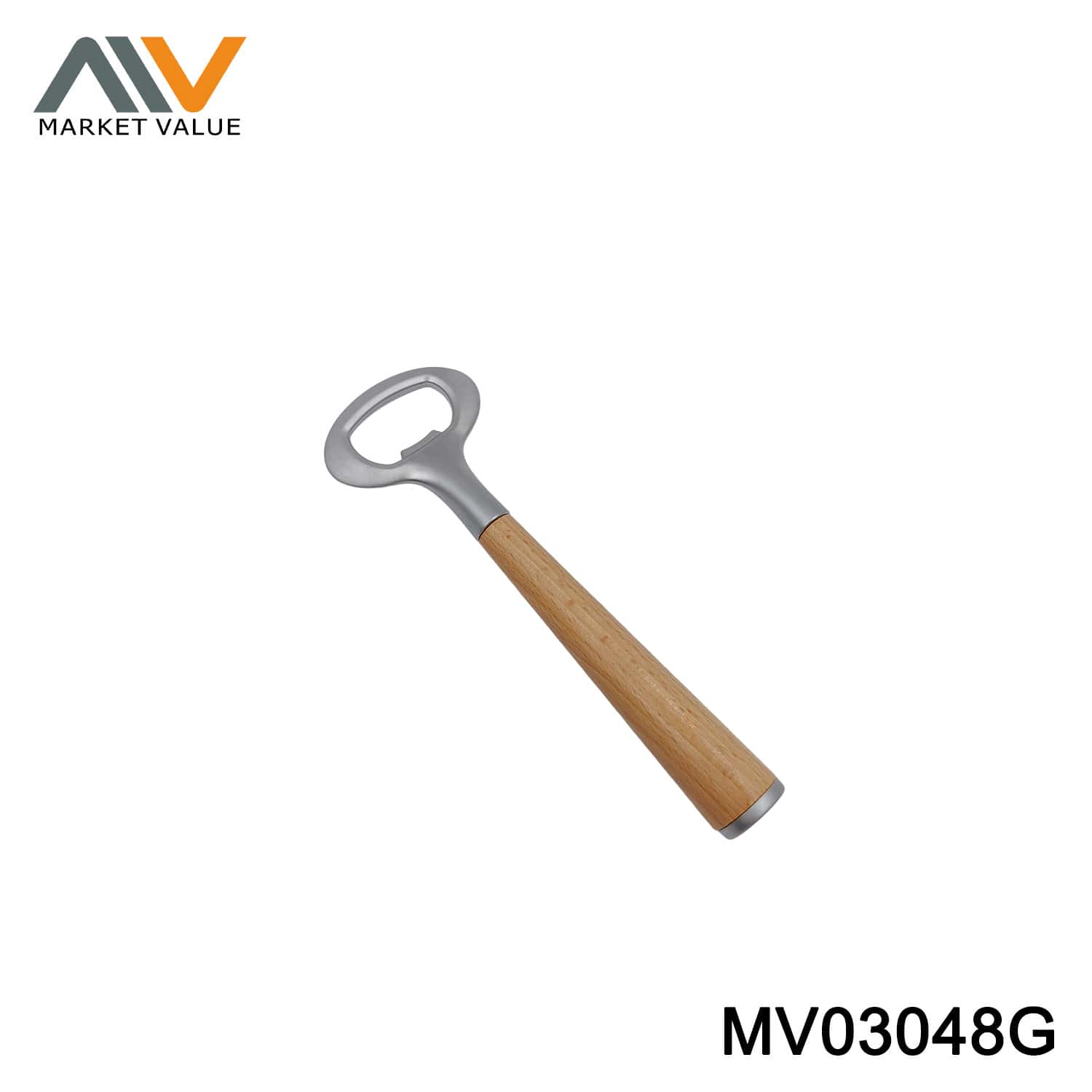 Marketvalue catalog photo of a bottle opener with a metal head and wooden handle