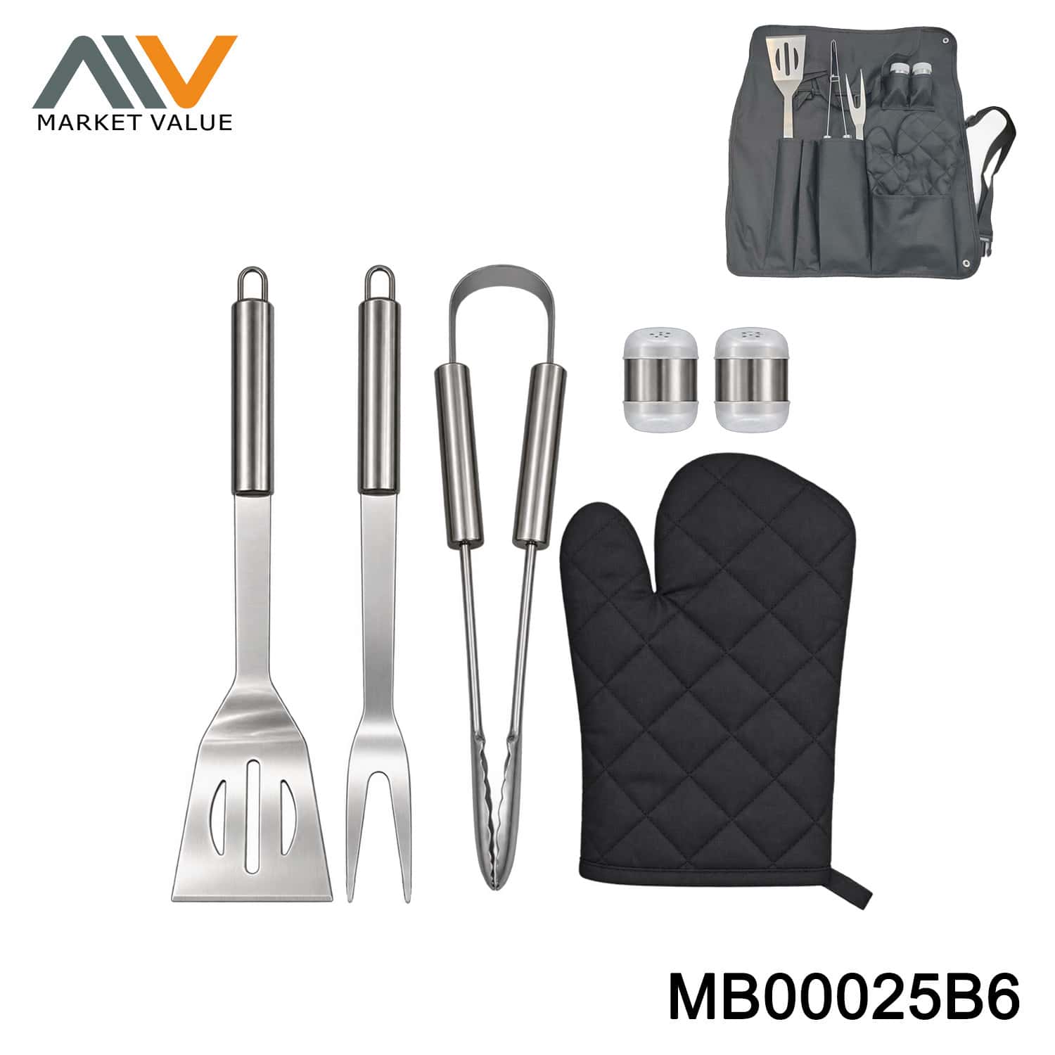7PC STAINLESS STEEL BBQ TOOLS WITH WOOD HANDLE