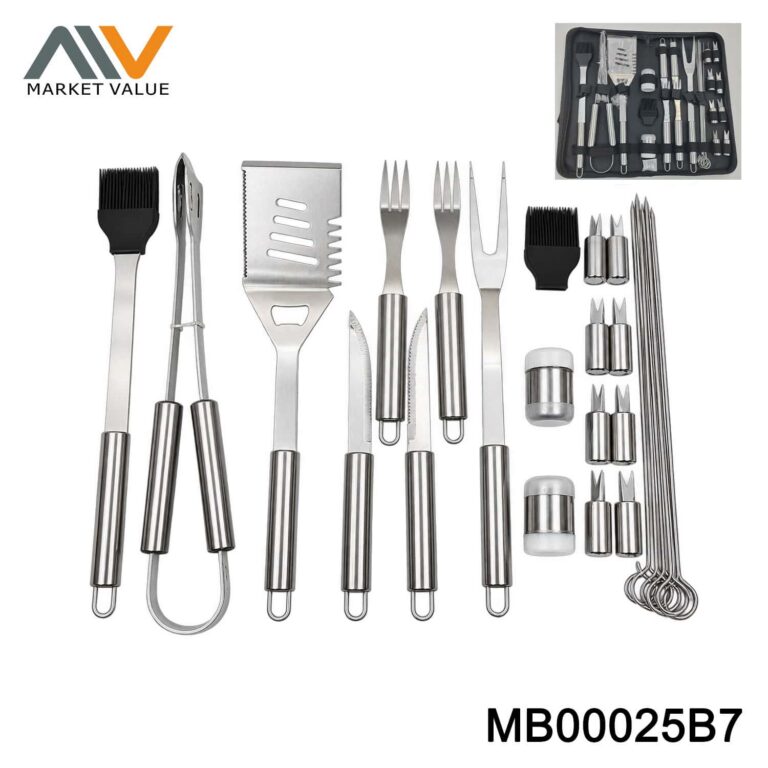 28PC STAINLESS STEEL BBQ TOOLS WITH WOOD HANDLE