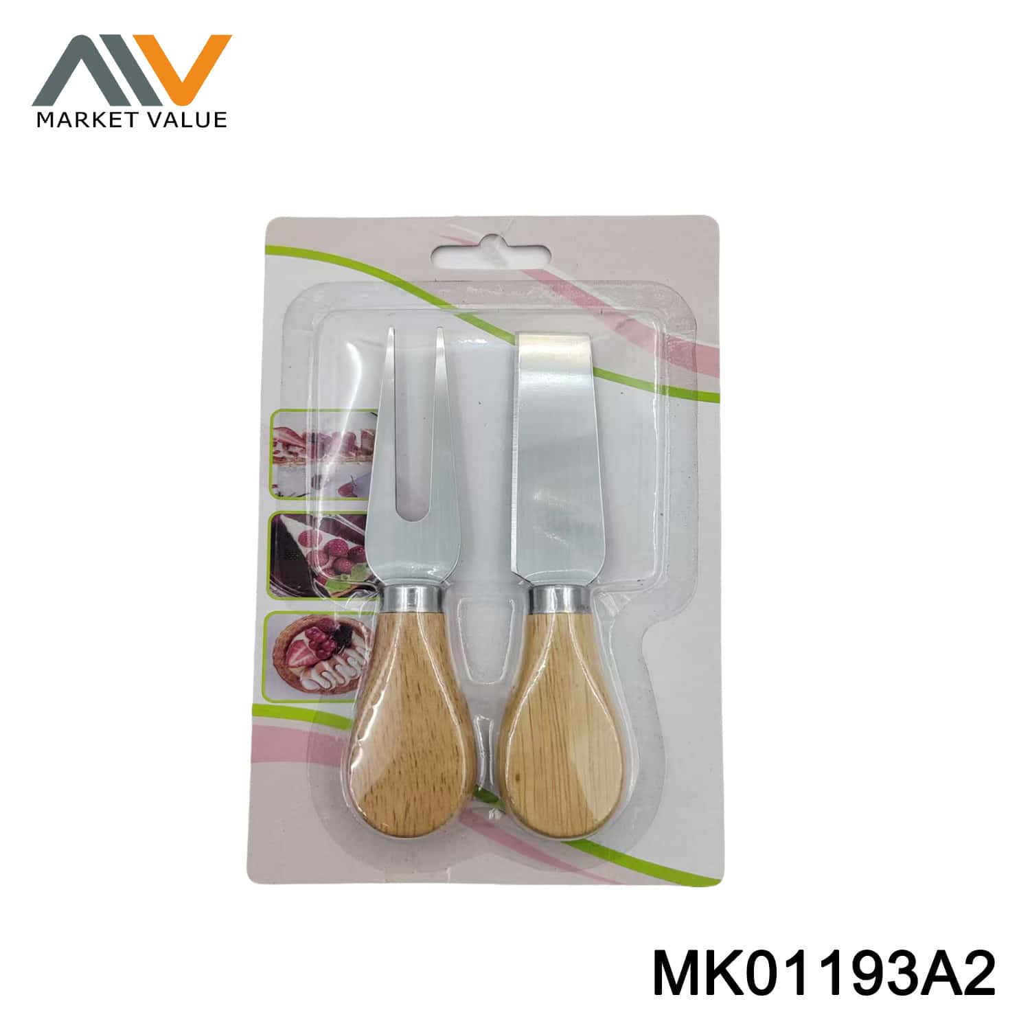 Cheese Knife and Fork Set W Oak Handle