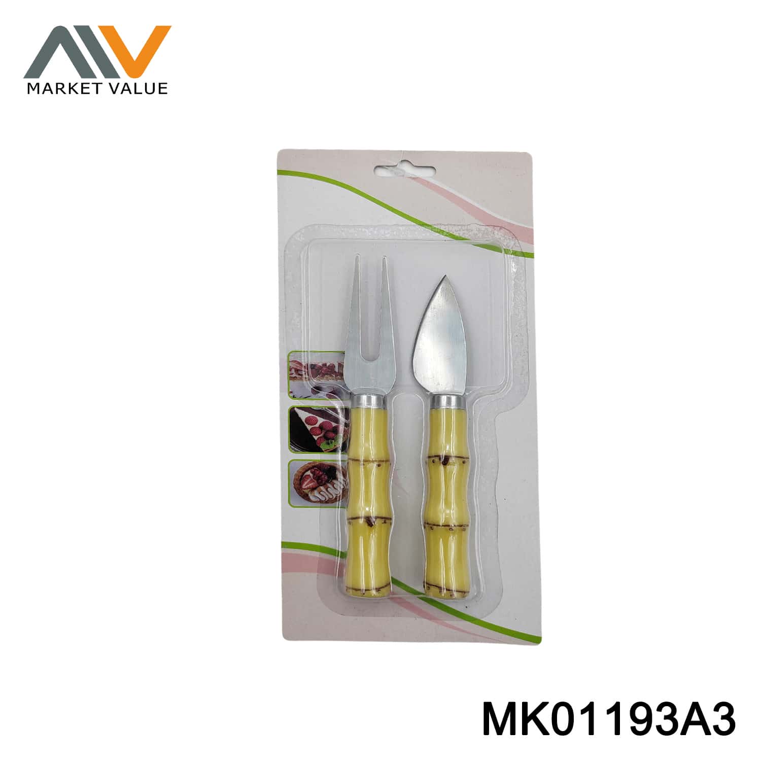 Cheese Knife and Fork Set W Imitation Bamboo Handle